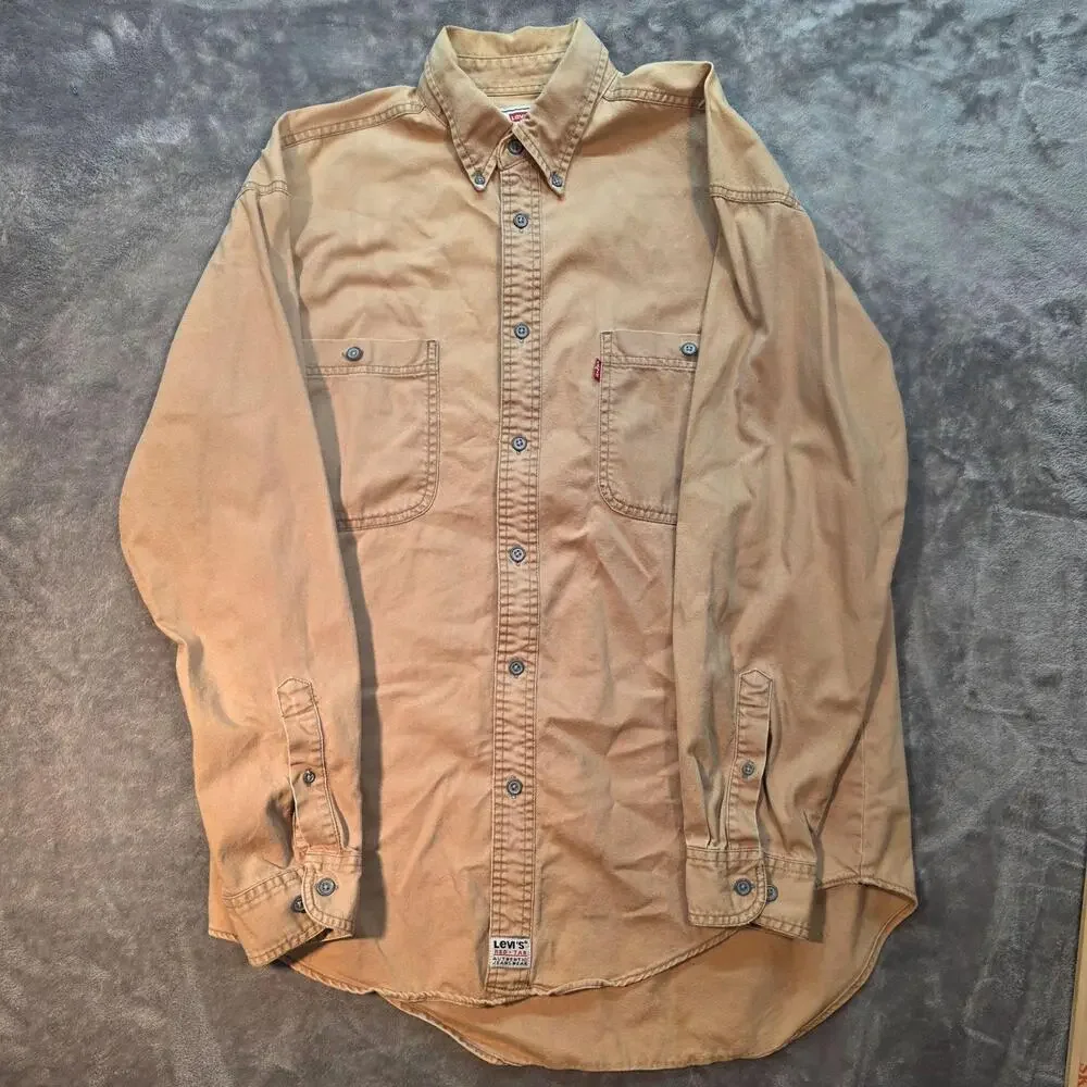 Levi's Vintage Button Up Shirt Mens M Beige Twill Workwear Long Sleeve Hong Kong